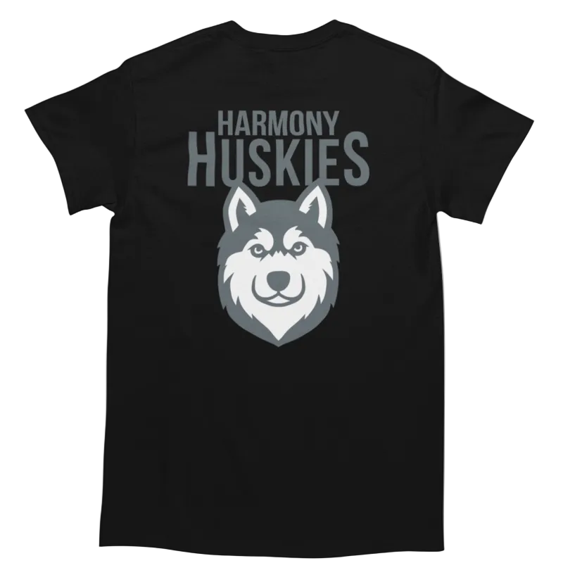 Black t-shirt with a husky logo and 'Harmony Huskies' text on a white background