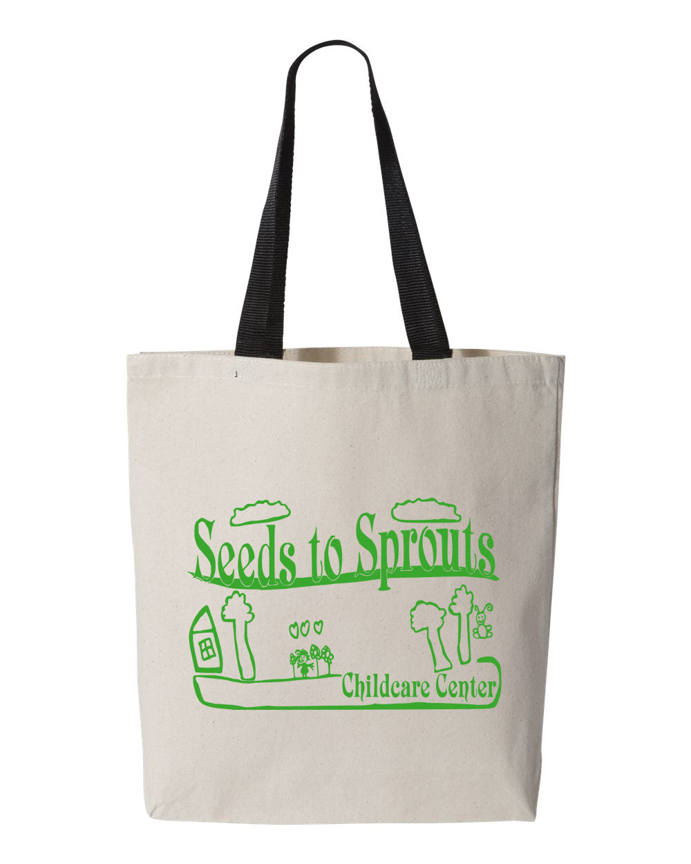 Seeds to Sprouts •TOTE BAG • Spirit Wear • Natural with Black Handles