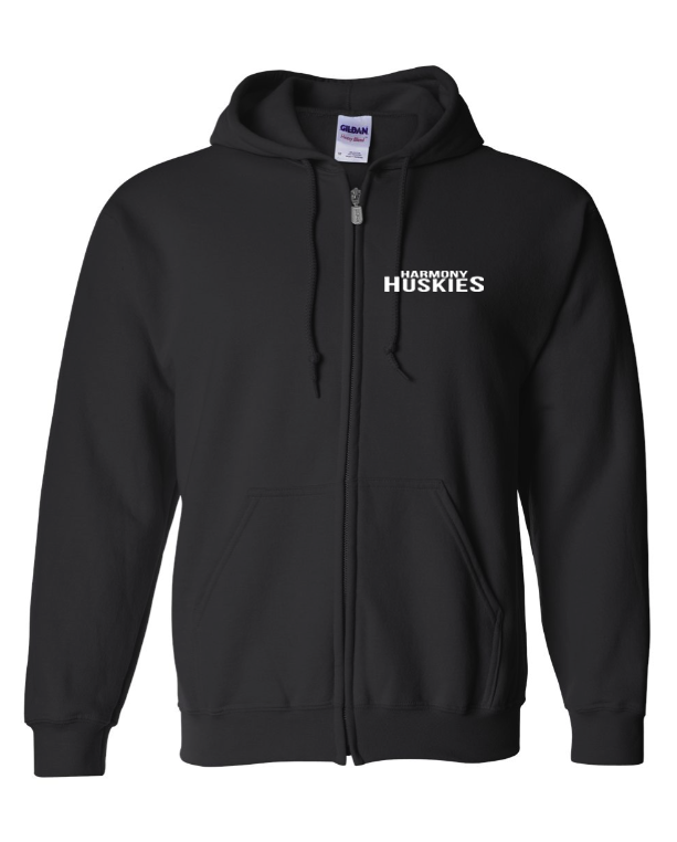 Black hoodie with 'Harmony Huskies' text on a white background