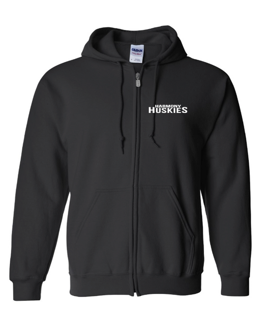 Black hoodie with 'Harmony Huskies' text on a white background