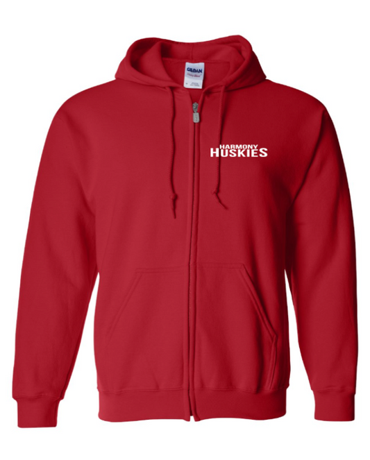 Red hoodie with 'Harmony Huskies' text on a white background