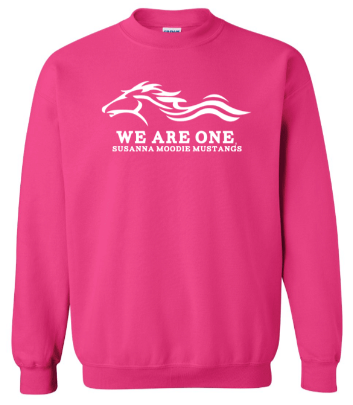 Pink sweatshirt with white graphic and text on a white background