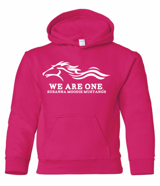 Pink hoodie with white graphic and text on a white background