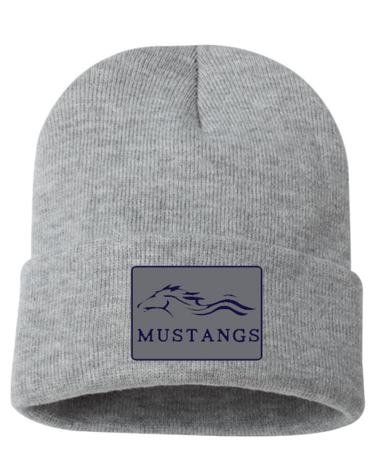 Gray beanie with 'Mustangs' logo on a white background