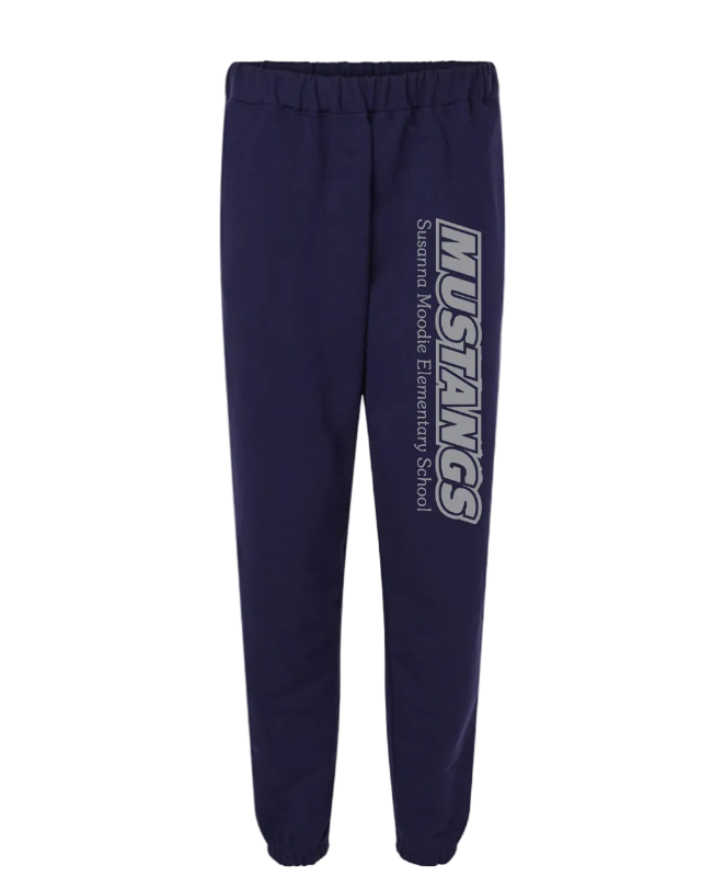 Navy blue sweatpants with 'Mustangs' and school name print on a white background