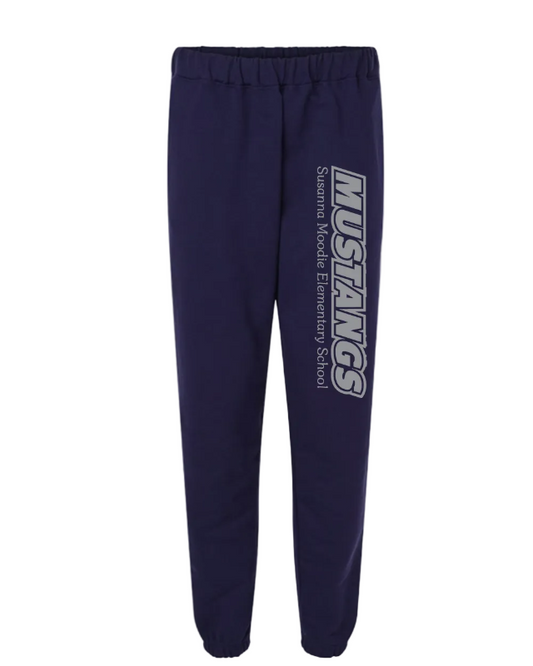 Navy blue sweatpants with 'Mustangs' and school name print on a white background