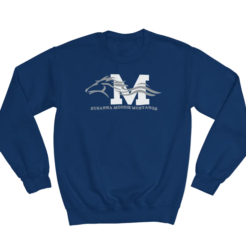 Blue sweatshirt with a logo and text on a white background
