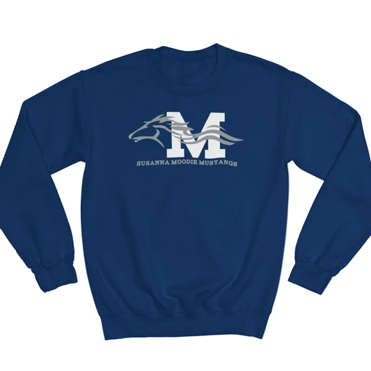 Blue sweatshirt with a logo and text on a white background
