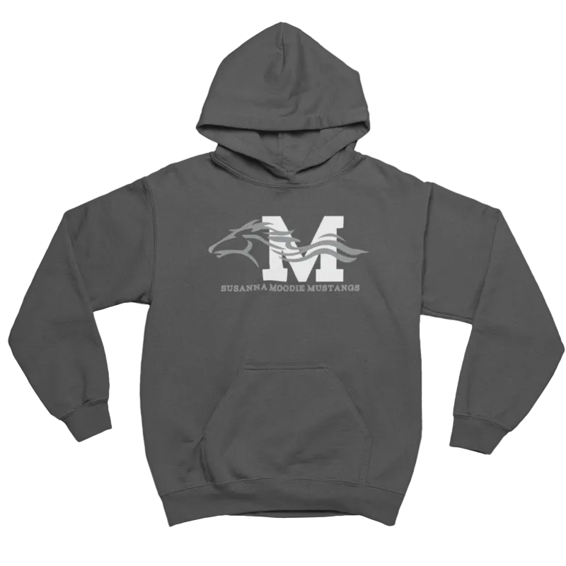 Gray hoodie with a logo and text on a white background