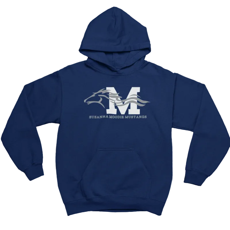 Navy blue hoodie with a white logo and text on a light gray background