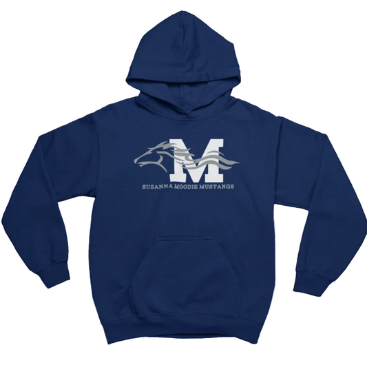 Navy blue hoodie with a white logo and text on a light gray background