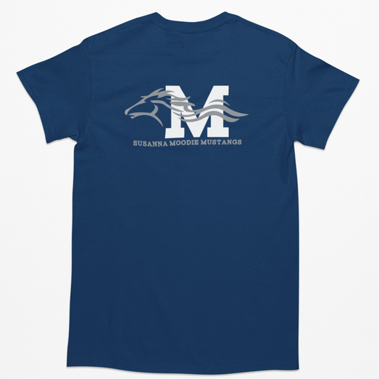 Navy blue t-shirt with white graphic and text on a white background