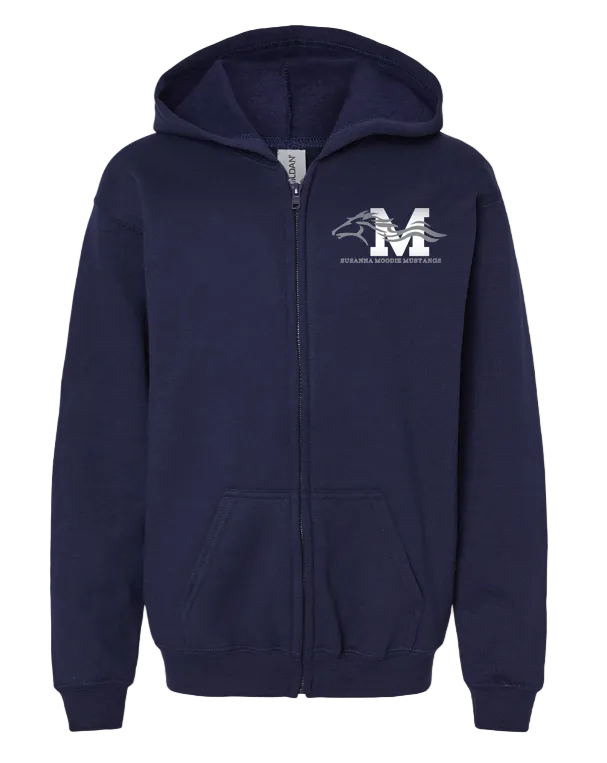 Navy blue hoodie with a logo on the chest against a white background