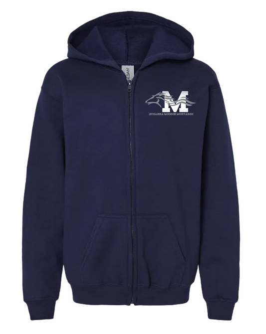 Navy blue hoodie with a logo on the chest against a white background