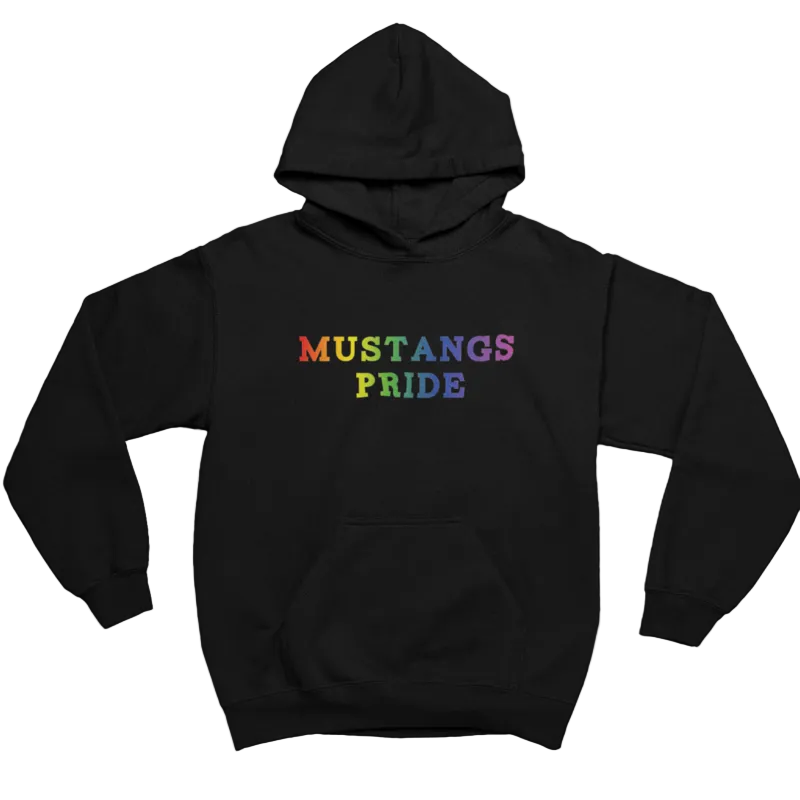 Black hoodie with 'Mustangs Pride' text in colorful letters on a black background