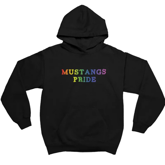 Black hoodie with 'Mustangs Pride' text in colorful letters on a black background