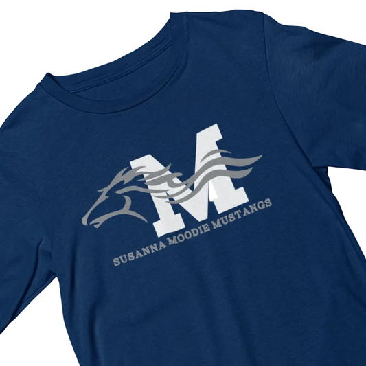 Blue t-shirt with 'Susanna Moodie Mustangs' logo on a white background