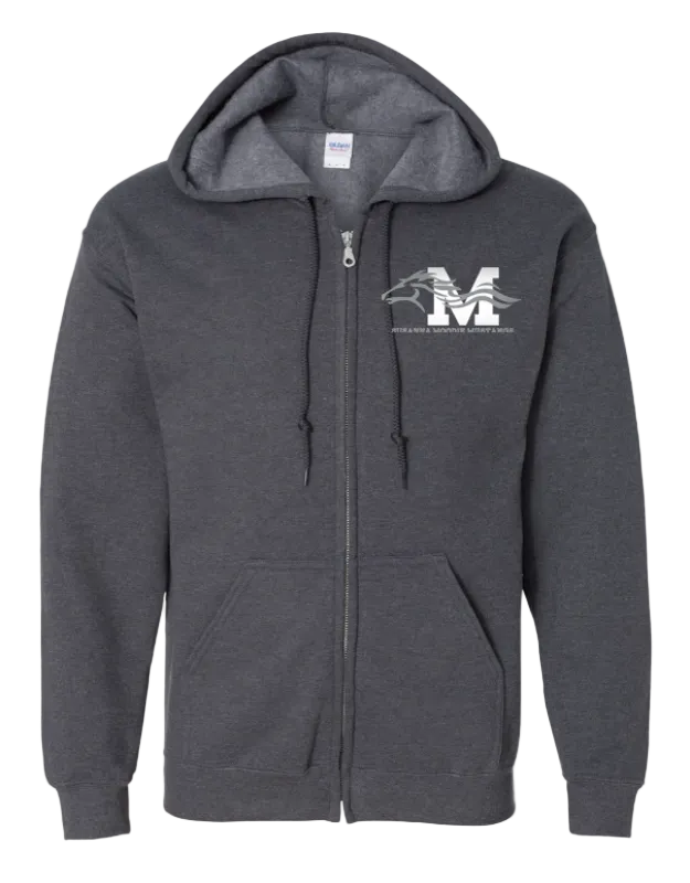 Dark gray hoodie with a logo on the chest against a white background